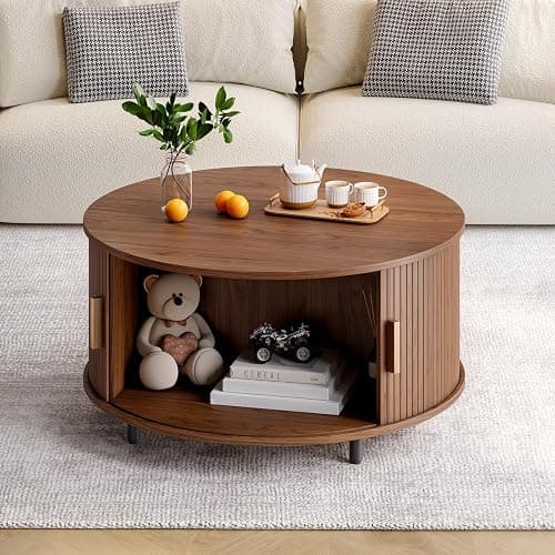 ONBRILL Round Coffee Table with Storage, 31.5" Modern Coffee Table with 360° Curved Sliding Door, Fluted Wood Accent Coffee Table with Adjustable Footpads, Round Center Table for Living Room, Walnut thumbnail 3