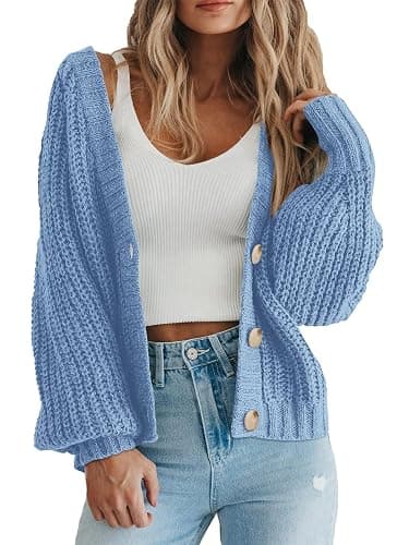 PRETTYGARDEN Women's Chunky Knit Open Front Sweater Long Sleeve Button Loose Short Cardigan Outerwear Coats - Image 1