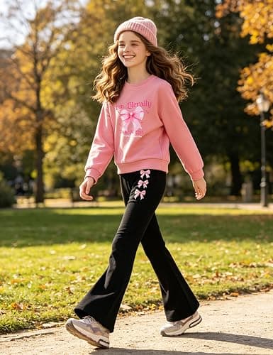 KIDOOPIX Girls Clothes 2 Pieces Stylish Bow Letter Print Long Sleeve Sweatshirt & Pants for 7-14Y thumbnail 3