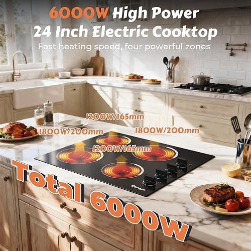 Cooksir Electric Cooktop 24 Inch - 4 Burner Built-in Electric Stove Top 6000W, Radiant Electrical Stovetop with 9 Heating Level, Knob Control, Auto Shut Off Protection, 220-240V Hard Wired (No Plug) thumbnail 5