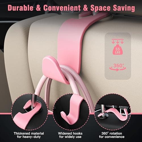 Amooca Universal Car Headrest Hooks, Car Organizer Hanger Storage Hooks for Bag Purse Cloth Grocery (Pink Set of 4) thumbnail 4