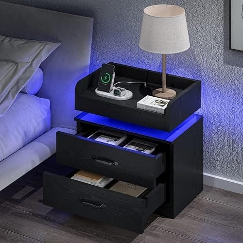 4ever2buy Black Nightstand with Charging Station and LED Lights | 2 Drawer Night Stand for Bedroom, Modern Bedside Tables End Table for Living Room - Image 1