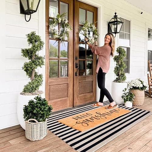 Rustaa Indoor Outdoor Rug 3x5 Front Door Mat Outdoor Cotton Welcome Mat Outdoor Farmhouse Layered Mat Washable Stripe Outdoor Mats for Entrance Front Door Porch Balcony(Black/Tan) thumbnail 8