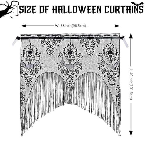 ZeeDix 2 Pcs Halloween Lace Curtains Black Skull Tassel Window Door Curtain | 2 Pcs Black Lace Skull Curtains For Halloween Window, Door, Mantel & Wall, Great For Halloween Party Decor, Party Supplies thumbnail 2