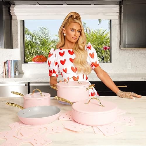 Paris Hilton Iconic Nonstick Pots and Pans Set, Multi-layer Nonstick Coating, Matching Lids With Gold Handles, Made without PFOA, Dishwasher Safe Cookware Set, 10-Piece, Pink thumbnail 2