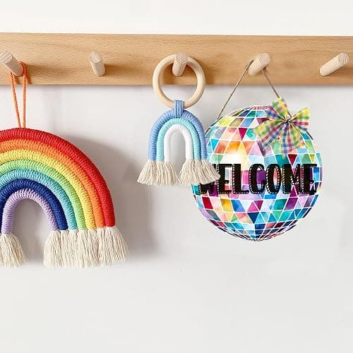 OLMIXA Colorful Disco Ball with Bow Wooden Hanging Sign (11.4x11.7inch), Disco Ball Welcome Door Hanger Sign, Shiny Welcome Sign for Dance Party Girl Bedroom Apartment Classroom Decor thumbnail 4