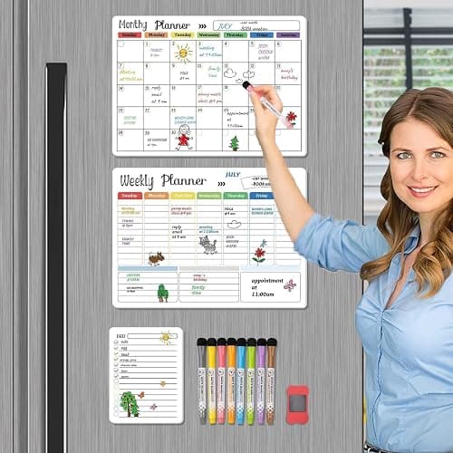 Hivillexun Magnetic Dry Erase Calendar Whiteboard Set (3-Pack) for Fridge, Wall, and Refrigerator Organization – Monthly, Weekly, and Daily Planners with 8 Markers and Eraser thumbnail 2