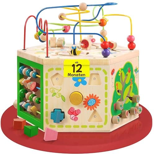 EverEarth 7 in 1 großer Motorikwürfel aus nachhaltigem Holz - Kinderspielzeug mit Motorikschleife 39 x 35,5 x 41 cm - Kinder Spiele Center mit unbedenklichen Wasserfarben - Spielwürfel EE33285 - Image 1