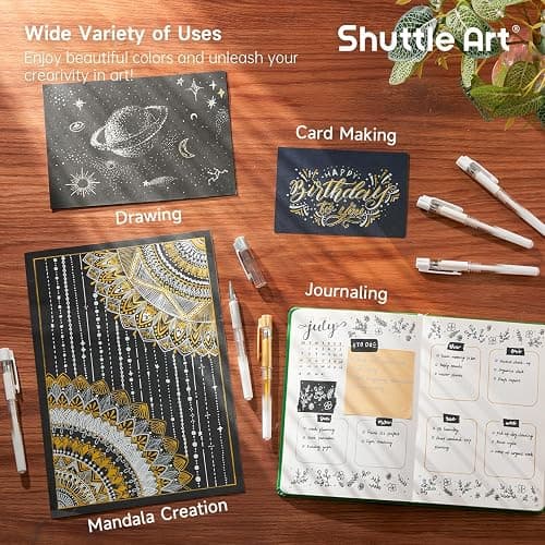 Shuttle Art White Gold Silver Gel Pens, 6 Pack 0.7mm, 1.0mm Metallic Gel Ink Pens Fine Point for Black Paper Highlighting Card Making Scrapbooking Coloring Writing Drawing School Office Home thumbnail 6
