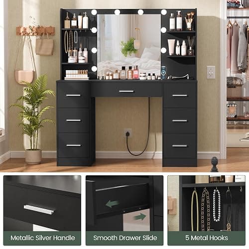 Quimoo Large Vanity Desk with LED Lighted Mirror & Power Outlet,Makeup Vanity Table with 7 Drawers,4 Shelves and 5 Hooks,Vanity Table, Vanity Desk Set for Bedroom,Bathroom，Black thumbnail 9