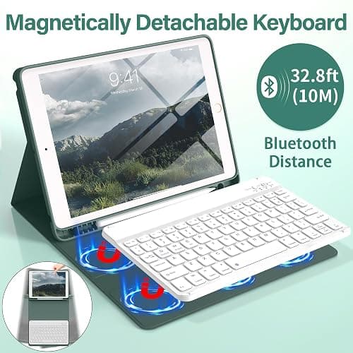 BQDIYOO Keyboard Case for iPad 9th/8th/7th Generation(2021/2020/2019), 10.2 inch iPad 9/8/7 Case with Keyboard, Auto Wake Sleep Cover with Pencil Holder, Dark Green thumbnail 4