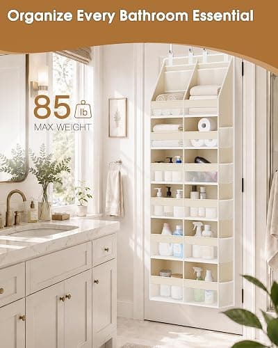 Criusia Over the Door Organizer, Extra Large 12 Compartments Closet Hanging Storage with 14 Mesh Pockets, 85lbs Capacity Behind the Door Storage for Baby Nursery, Bathroom, Bedroom, and Dorm, Beige thumbnail 8