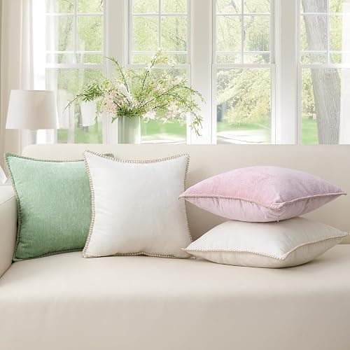 decorUhome Soft Chenille Throw Pillow Covers 18x18 Set of 2 Cream White | Fall Textured Decorative Throw Pillow Cases Stitched Edge Modern Farmhouse Luxury Boho Velvet for Couch Sofa Bed Home Decor thumbnail 5