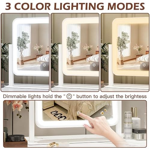 FENNIO Vanity Mirror with Lights 14"×12" Makeup Mirror with Lights,Lighted Vanity Mirror Tabletop,Smart Touch with 3-Color Lighting,Dimmable,for Vanity Desk Tabletop thumbnail 4