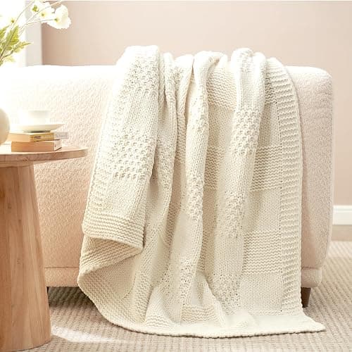 Amélie Home Checkered Chenille Knit Throw Blanket for Couch, Classic Texture Decorative Soft Blanket for Sofa, Chair & Bedroom, 50"x60", Ivory thumbnail 8