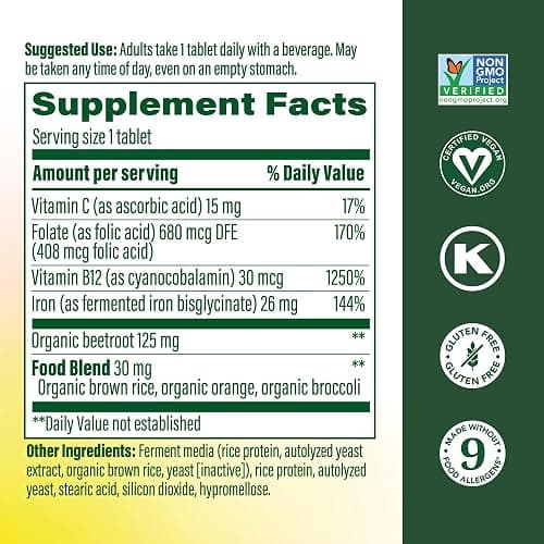 MegaFood Blood Builder Iron Supplement, Energy Support, Vegan, 60 Tablets | Increase Iron Levels Without Side Effects, Improves Energy Levels, B12, Folic Acid and Vitamin C for Absorption, 60 Servings thumbnail 2