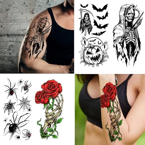 52 Sheets Black Halloween Temporary Tattoos for Kids Men Women, Include 10 Sheets Large Half Arm Sleeve Fake Tattoos, 200+ PCS Spider Snake Tiger Lion Skull Bat Vampire Scar Halloween Tattoos thumbnail 2