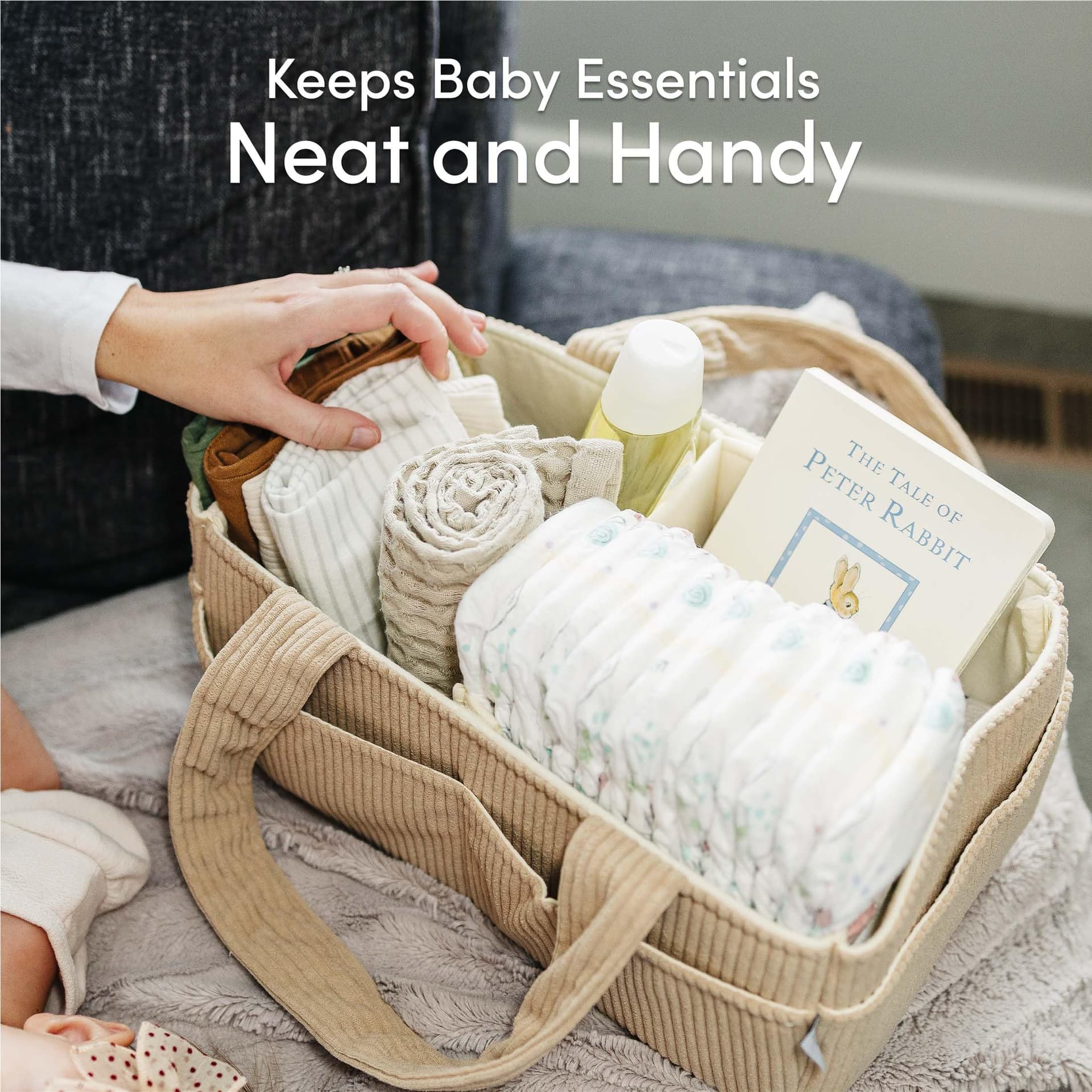 PUTSKA Baby Nappy Caddy Organiser for Changing Table – Stylish Nursery Storage Basket, Newborn Essentials, Baby Shower Gifts and Registry Must-Haves for Boy or Girl, Car Nappy Caddy, Corduroy Mocha thumbnail 7