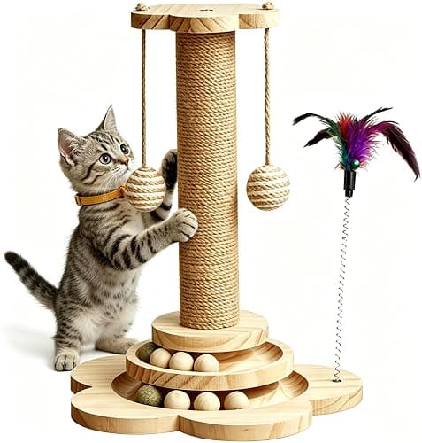 KHALOR Cat Scratching Post for Kittens, 4 in 1 Wooden Cat Scratcher Toy, 17.7" Tall Scratch Post with 2 Level Cat Track Balls, Interactive Feather Toy and 2 Sisal Hanging Balls for Indoor Kittens - Image 1