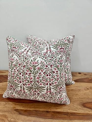 ATOSII Block Print Throw Pillow Covers, 20" X 20" - Set of 2, Decorative Couch Pillows for Living Room Bed Sofa, 100% Cotton Canvas Pillow Case for Home Decor & Outdoors, Preppy Throws - Nargis Pink thumbnail 5