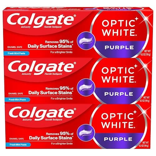 Colgate Optic White Purple Toothpaste for Teeth Whitening, Teeth Whitening Toothpaste with Fluoride, Helps Remove Surface Stains, Enamel-Safe for Daily Use, Mint, 3 Pack, 4.2 oz - Image 1