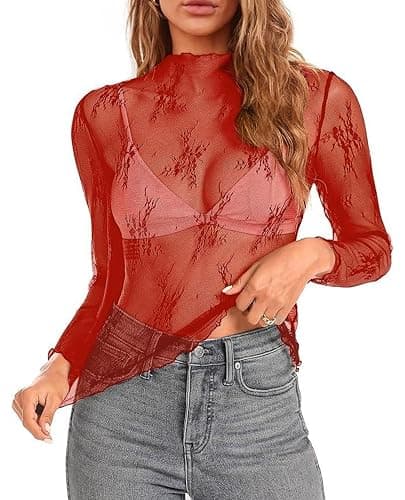 siliteelon Lace Tops for Women Mesh Long Sleeve Top Sheer Lace Shirt Floral Mock Neck Party Club Lace Undershirt - Image 1