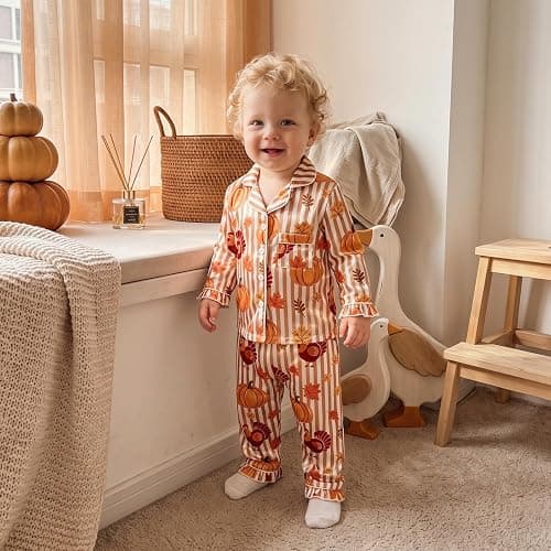 Kids Thanksgiving Pajamas Toddler Girl Turkey Pajama Shirt Pants Set | Little Girl Ruffle Cuffs Long Sleeve Button Down Shirt Stain Pants Set Loungewear Sleepwear Two Piece Pjs Set thumbnail 5