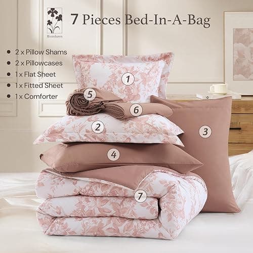 BLOOMHAVEN Queen Comforter Set -7 Pieces Pink Floral Comforter Set thumbnail 7