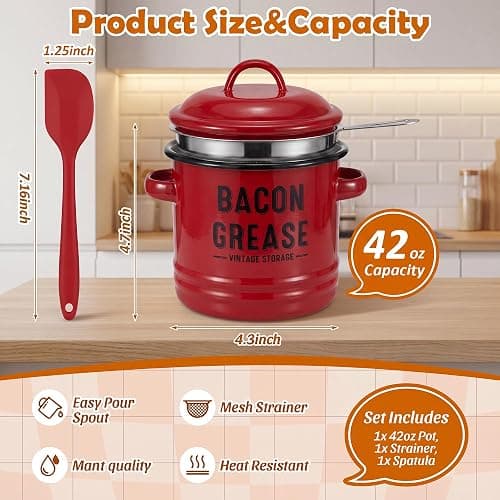 Reallnaive Bacon Grease Saver with Strainer 41oz/1.2L Large Stainless Steel Grease Container with Silicone Spatula Farmhouse Enamel Oil Can for Kitchen Fat Storage, Dishwasher Safe(Red) thumbnail 3