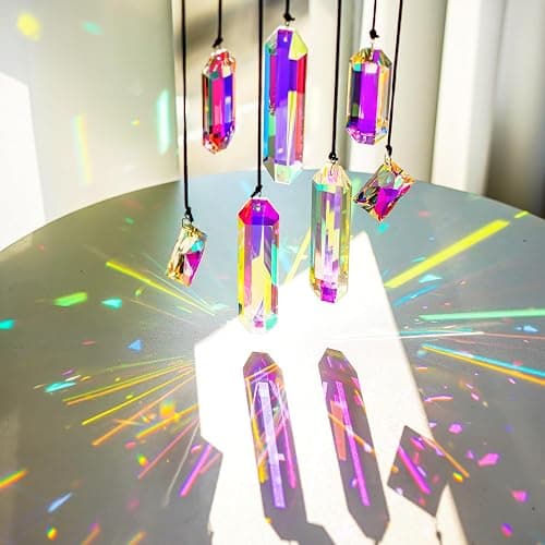 HDCRYSTALGIFTS Set 7 Crystal Sun Catcher Prisms, AB Colored Suncatcher Crystals Indoor Window Hanging Ornaments Rainbow Maker Prisms for Home Garden Decor thumbnail 3