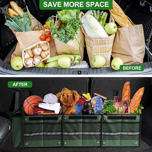 Snuopfy Car Trunk Organizer,115L Heavy Duty Collapsible Trunk Storage | Insulated Leakproof Cooler Bag with Lid, 3 Compartments,High Capacity with Straps For Car,Suv,Jeep,Sedan-Green thumbnail 6