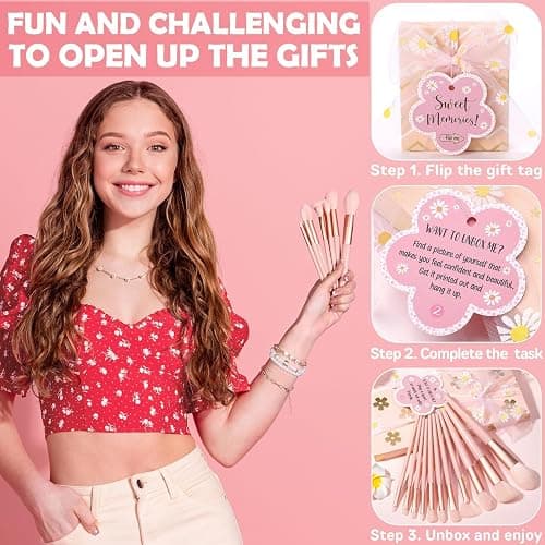 Christmas Gifts for Tween & Teen Girls - 8 PCS Birthday Gifts Basket Teen Girls Trendy Stuff w/ Fun Task Tags Make up Brushes & Bag, Empower Advent Calendar Wrapped Gifts Box for Daughter Niece Sister thumbnail 5