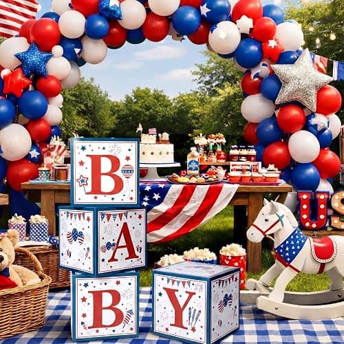 Vicenpal Red White and Blue Baby Shower Boxes with Letters for 4th of July 250th Anniversary Patriotic Decorations Gender Reveal Decoration Photo Prop Independence Day Decor Set of 4 thumbnail 4