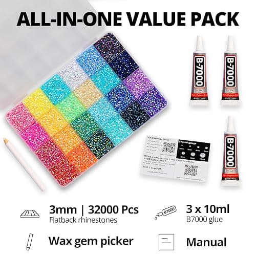 32000Pcs 3mm Rainbow Jelly Rhinestones Gems for Bedazzling Crafting, Colorful Bedazzled Resin Gemstone Flatback Jewel, SS10 Multi Colored Bedazzler Kit with B7000 Glue for Book Clothes Crafts Clothing thumbnail 2