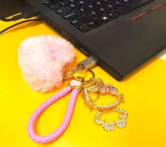 Bling Keychain for Women，Kawaii Heart Pom Pom Keychain， Versatile Accessory for Backpacks, Handbags, and Car Keys thumbnail 2