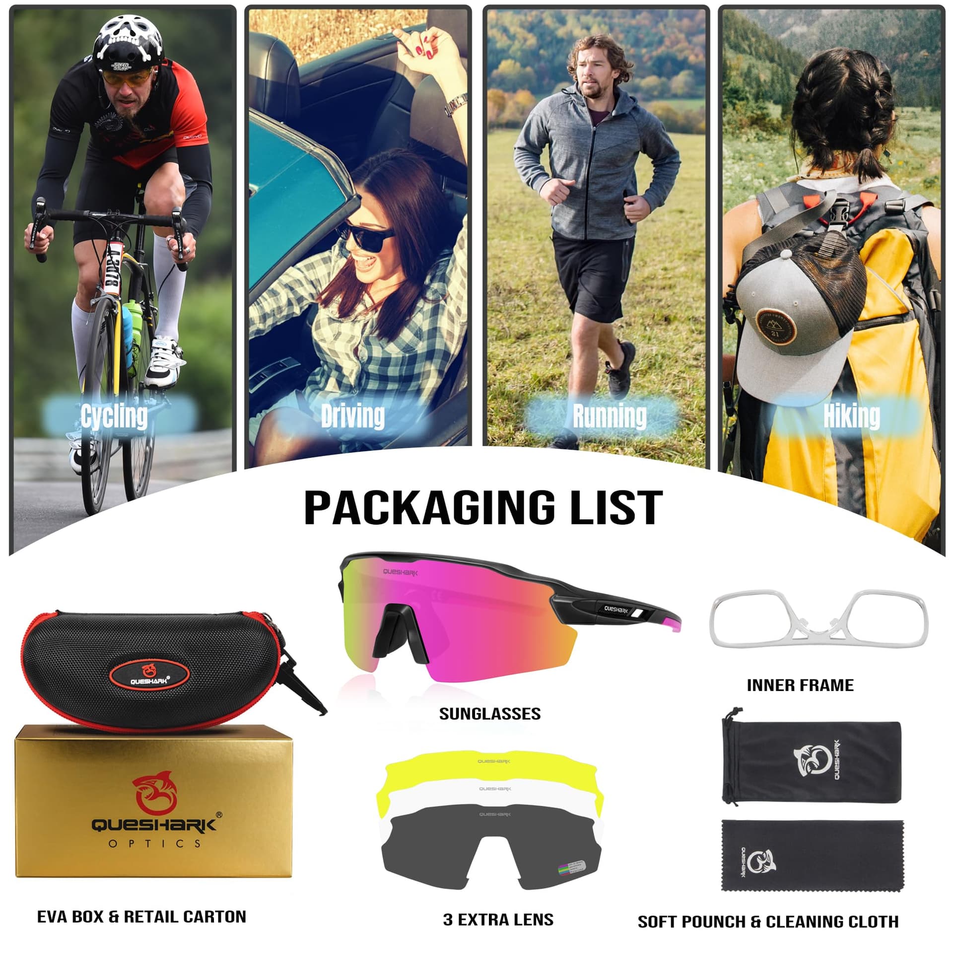 Queshark Gafas Ciclismo Polarizadas, Gafas Running Hombre y Mujer, UV400 con 4 Lentes Intercambiables, Gafas de Sol Deportivas para Ciclismo Correr Conducir thumbnail 6