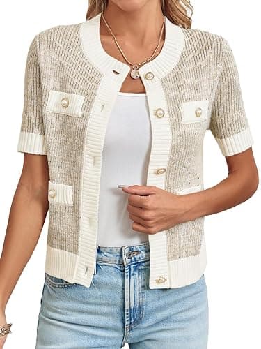 Langwyqu Womens Short Sleeve Button Down Cardigans Sweater Cropped Lightweight Crew Neck Elegant Tops thumbnail 2