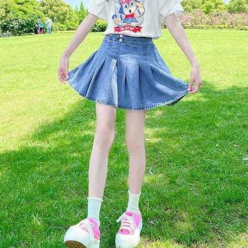 Milokado 3-13 Years Skirts for Teen Girls Blue Elastic High Waist A Line Pleated Denim Skirt - 9-10 Years - Blue thumbnail 3