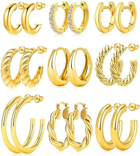 Adoyi 9 Pairs Gold Hoop Earrings Set for Womens Twisted Huggie Hoops Earrings 14K 18K Gold Plated for Girls Valentines Mother's Day Birthday Gifts Lightweight - Image 1
