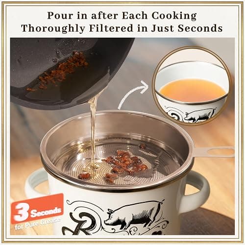 Ayerphalo Bacon Grease Container with Strainer - 46OZ Large Capacity, With Silicone Wooden Spatula, Enamel Bacon Grease Keeper for Bacon Drippings, Farmhouse Kitchen Decor, Dishwasher Safe thumbnail 5