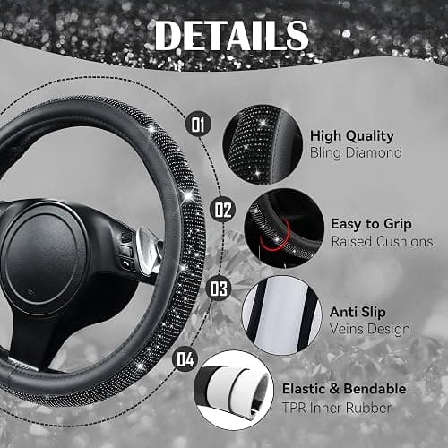 CAR PASS Bling Diamond Leather Steering Wheel Cover 14.5in-15in Floor Mats Shining Rhinestone Carpet Sparkly Glitter Crystal Anti-Slip Pad Fit Automotive SUV Pickup Truck Girl Women, 5pcs Black thumbnail 6