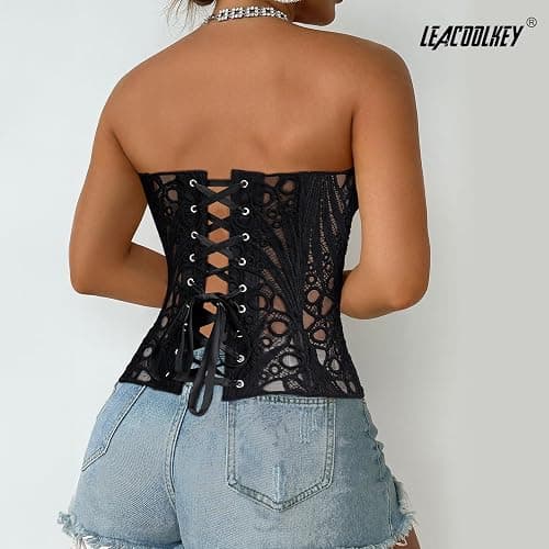 LEACOOLKEY Lacework Corset Top for Women Sexy Textured Sheer Floral Lace Bustier Going Out Lace-up Corset Overbust Top thumbnail 5