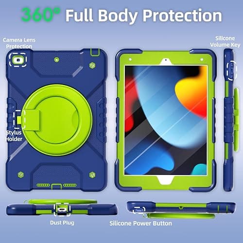 Andnary Case for iPad 9th/8th/7th Generation 10.2 inch, Shockproof Cover with Screen Protector/360° Rotating Handle/Bracket/Pen Holder/Shoulder Strap, Kids Case for iPad 2021/2020/2019 (Navy+Green) thumbnail 7