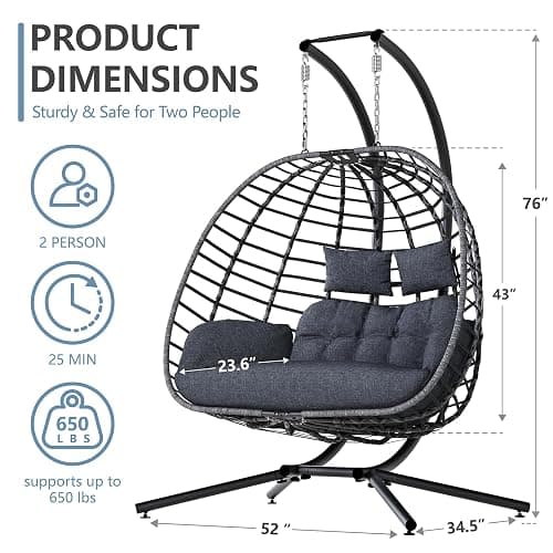 SWITTE Double Egg Swing Chair with Stand, Outdoor Patio 2 Person Hanging Wicker Hammock Chairs with Cushion for Indoor Bedroom, Lawn, Garden-Dark Grey thumbnail 3