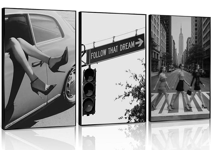 3Pcs Black White Fashion Women Unframed Canvas Wall Art, Retro NYC Decor | Vintage Street Scene Trendy Chic Luxury Feminist Glam Motivational Art Print, Flexible Frame for Bedroom Living Room Decor - Image 1
