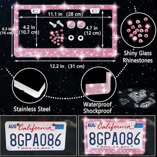 NBTEPEM 27-Piece Bling Car Accessories Set - Universal Fit Steering Wheel Covers, License Plate Frames, Phone Holder, Car Fast Charger, Coasters (Pink) thumbnail 4