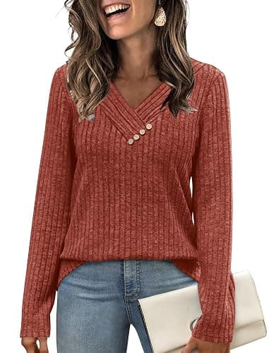 SAMPEEL Sweaters for Women Long Sleeve Shirts V Neck Tops with Buttons Fall Fashion Outfits Winter Clothing 2025 thumbnail 2