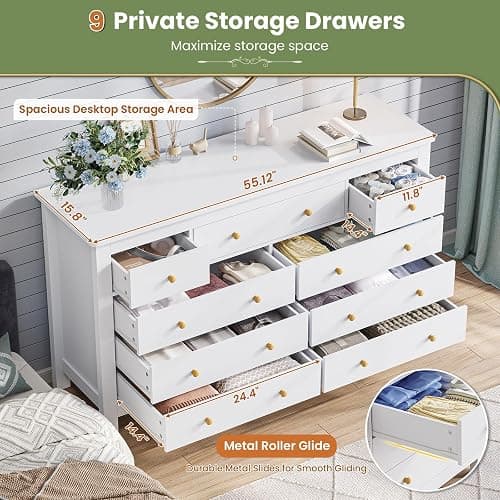 Hasuit White Dresser for Bedroom with 9 Drawers, Modern 55.1" Long Dressers Chest of Drawer with Large Drawers, Large Capacity Storage Organizer Cabinet, Wide Dresser for Bedroom, Living Room, Hallway thumbnail 3