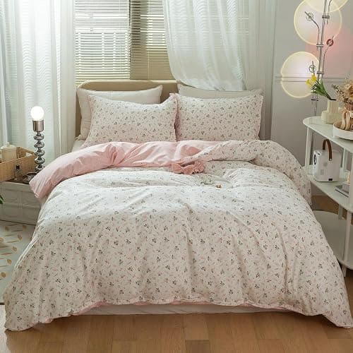 LifeTB Pink Flower Duvet Cover Twin XL Girls Aesthetic Floral Duvet Cover White Soft 100% Cotton Flower Bedding Set Cottage Floral Comforter Cover with Zipper Closure, Breathable, Easy Care thumbnail 3
