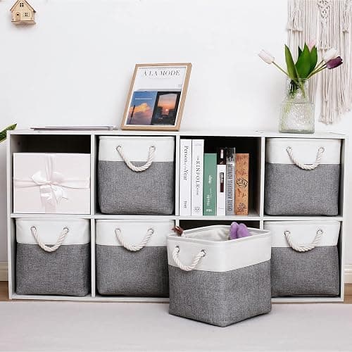MidmmVick 11 x 11 Inch Cube Storage Bins, 6 Pack Large Collapsible Fabric Storage Bin with Ropes, Foldable Storage Cubes for Home, Office,Closet, Clothes, Toys Organizer (White & Grey-11"x11"x11") thumbnail 2